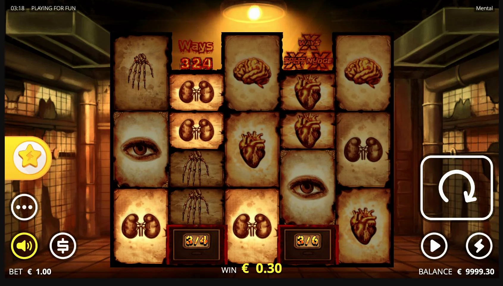 Mental 2 Experimental Spins bonus round with Dead Patient multipliers and Fire Frames active