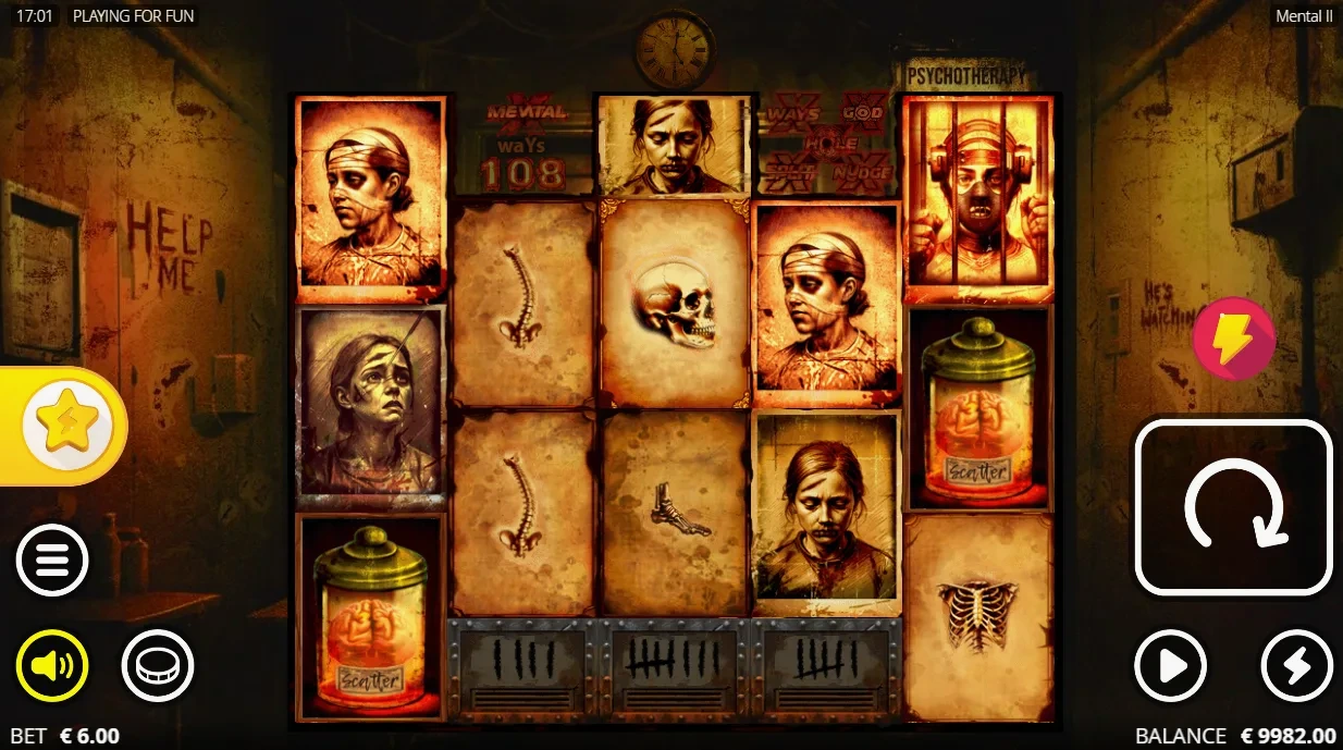 Mental 2 base game view with 3-2-3-2-3 grid showing patient and anatomical symbols